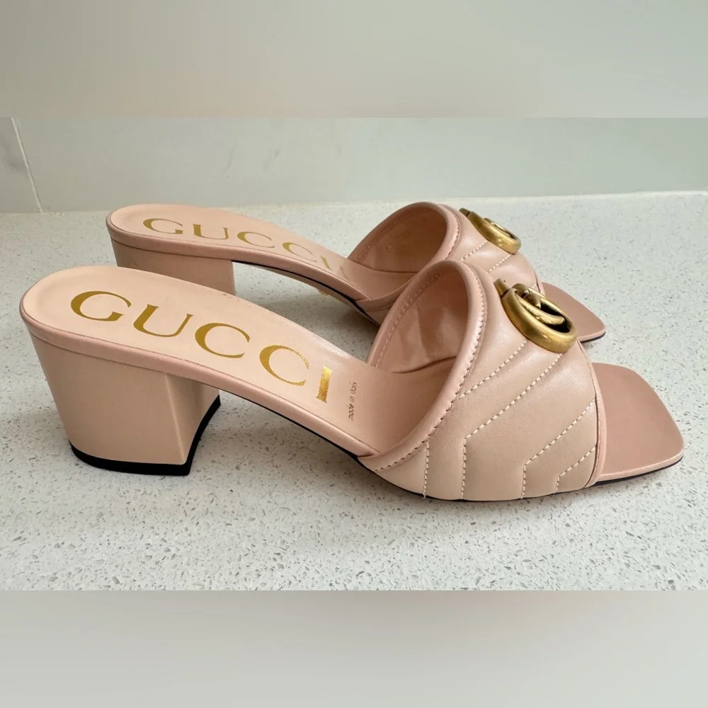 Gucci GG Block Heel Quilted Leather Sandals EU 39.5 US 9.5 Nude - Picture 4 of 8